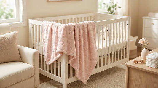 Light pink plush baby blanket with heart pattern draped over a white nursery crib