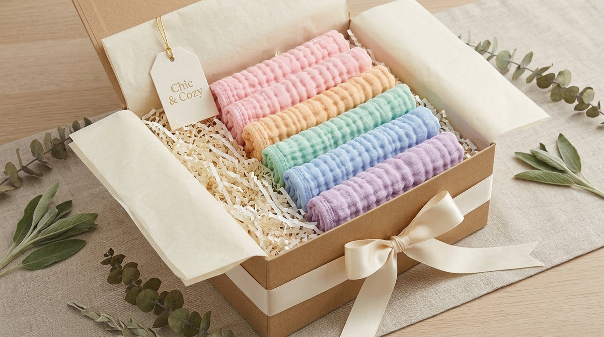 Five pastel organic cotton muslin baby burp cloths arranged in a Chic and Cozy gift box