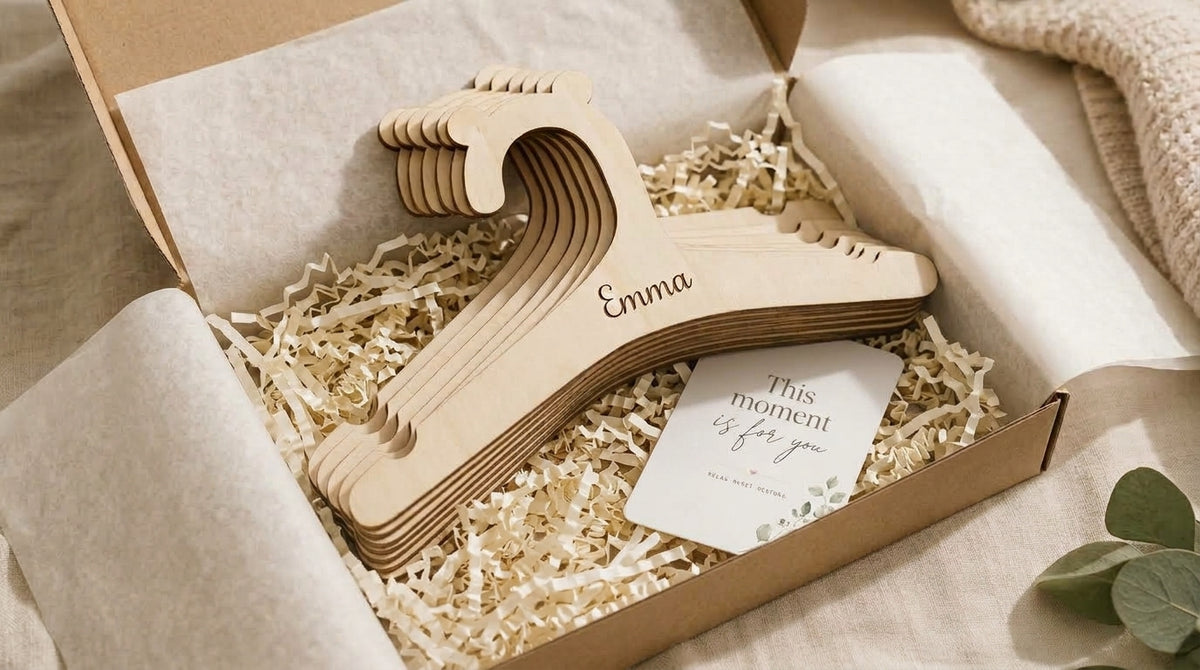 Set of wooden baby hangers personalized with Emma in a tissue-lined kraft gift box.