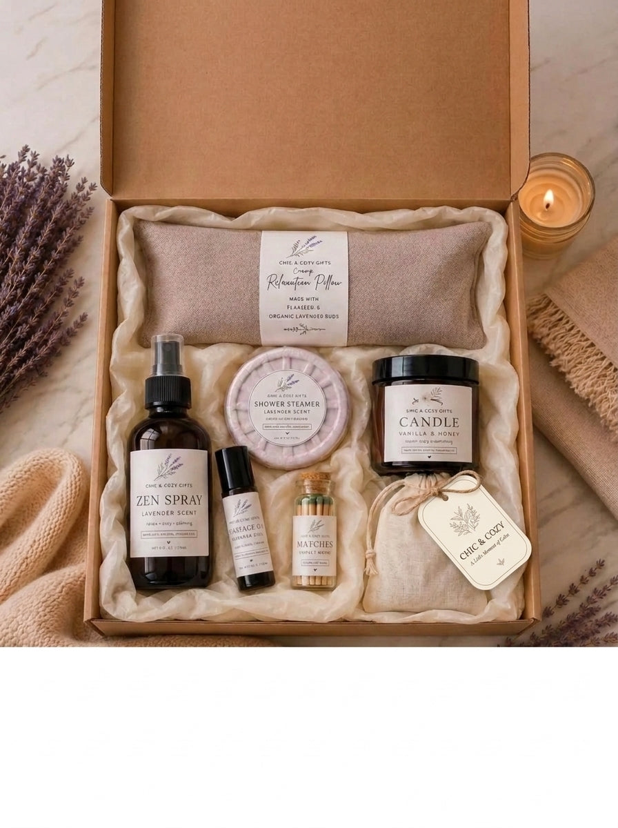 Kraft gift box with lavender relaxation pillow, Zen Spray, shower steamer, Vanilla and Honey candle, roll-on bottle, matches and drawstring pouch.