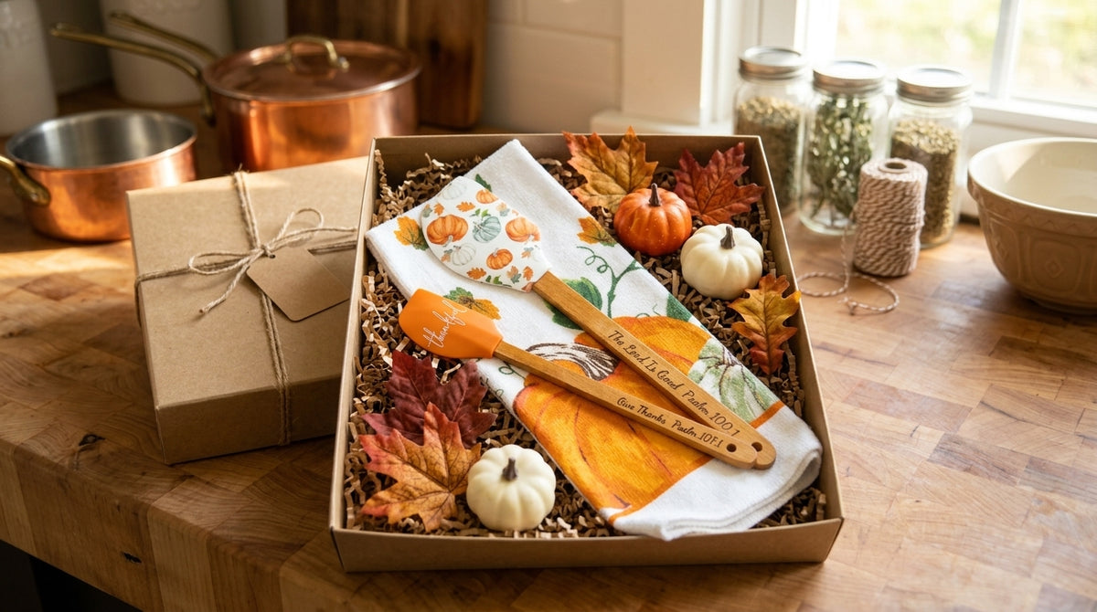Fall housewarming gift box with pumpkin-print kitchen towel, engraved kitchen utensils, decorative pumpkins and autumn leaves.