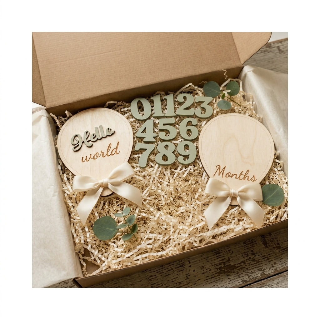 Wooden Hello world and Months milestone plaques with cream bows and sage numbers 0 through 9 in a kraft gift box.