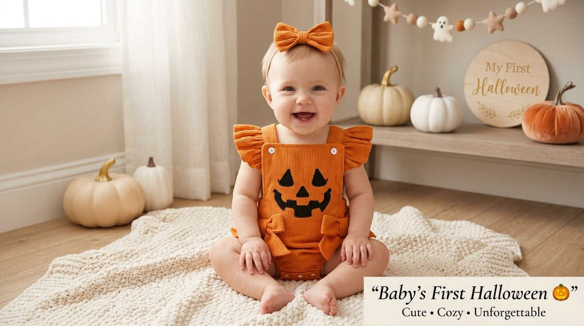 Smiling baby wearing an orange pumpkin Halloween romper with a bow