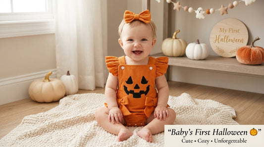 Smiling baby wearing an orange pumpkin Halloween romper with a bow