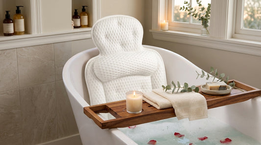 White luxury bath pillow positioned in a bathtub with spa accessories
