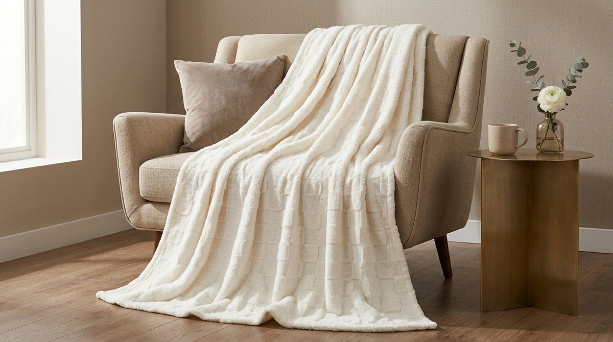 Cream White Checkered Fleece Throw Blanket – 50 × 60 in