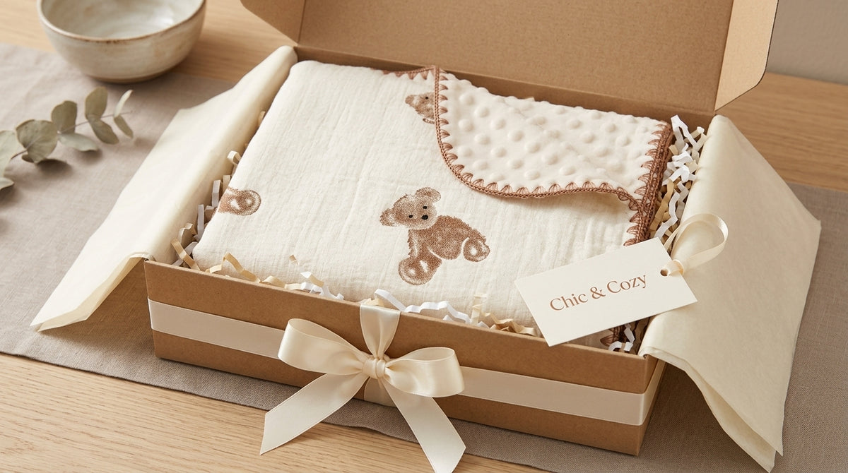 Brown bear muslin cotton and dotted minky baby blanket arranged in a Chic and Cozy gift box