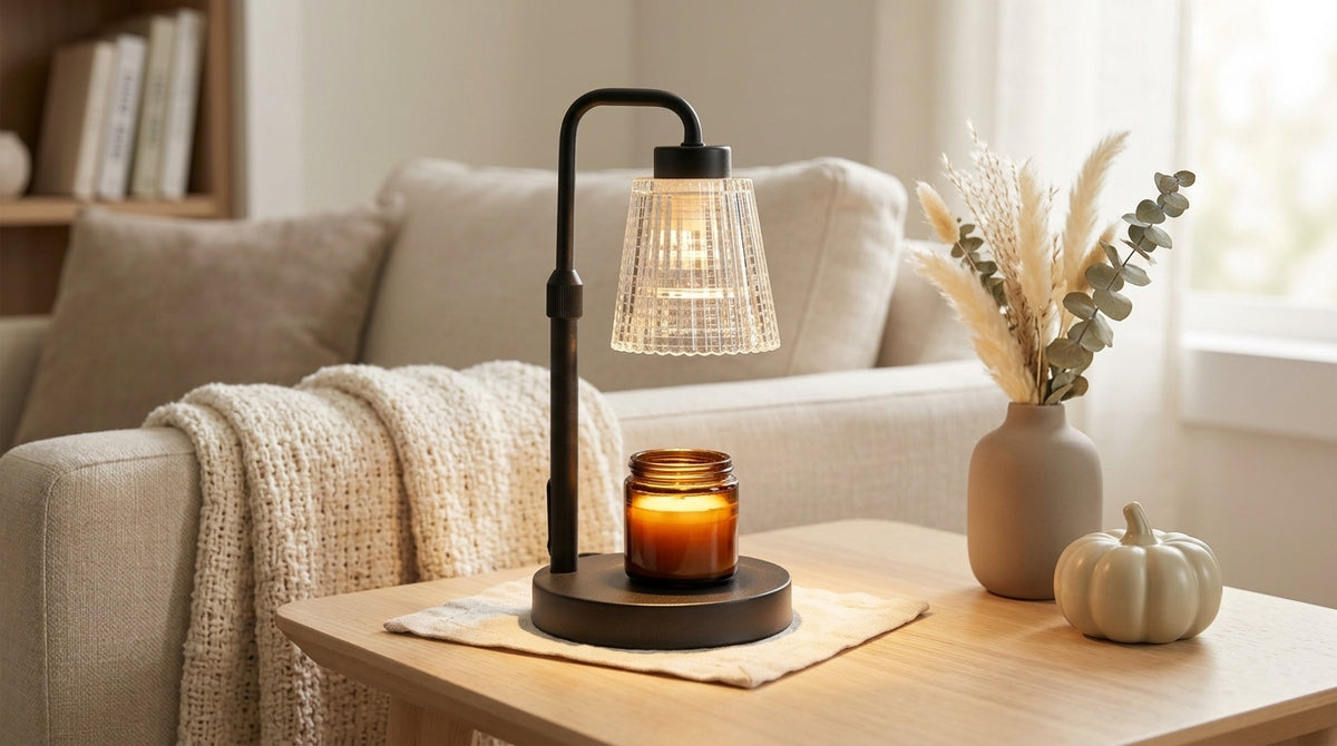 Black adjustable candle warmer lamp with textured clear shade warming an amber jar candle on a table