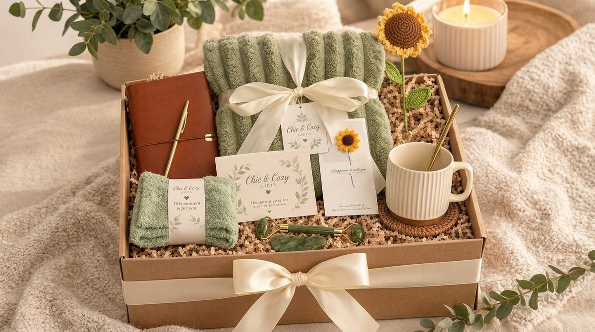 Sage green spa gift box with soft throw, mug, journal, facial roller, washcloth, sunflower, and cream ribbon