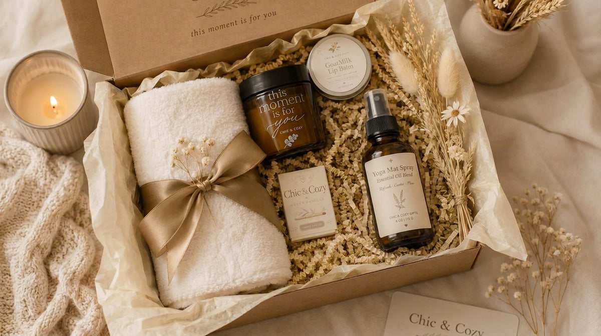 Kraft self-care gift box with a cream towel tied with taupe ribbon, amber jar, lip balm tin, boxed item and yoga mat spray.