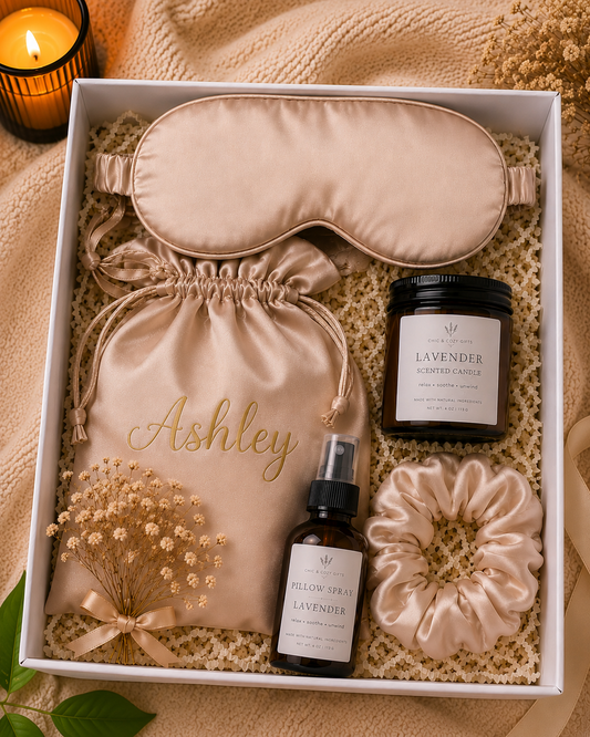 Personalized Silk Eye Mask Spa Gift Set – Relaxation Box with Candle & Pillow Spray