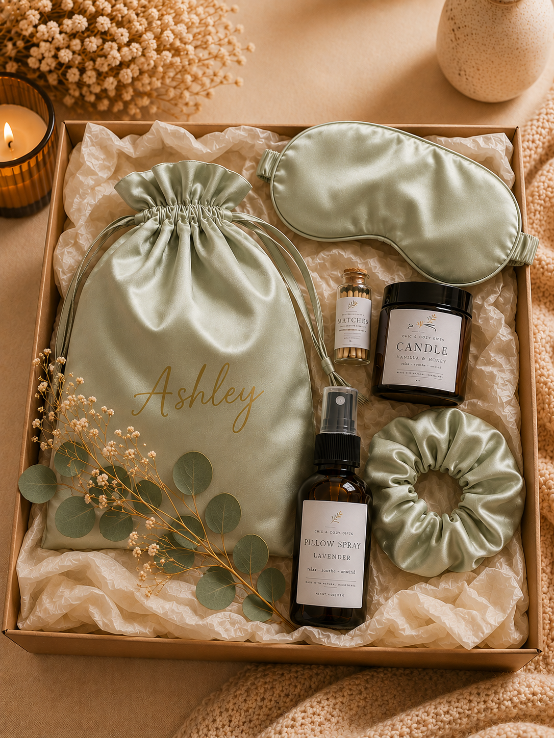 Elegant Personalize  Silk Sleep Mask Gift Set for Women – Silk Eye Mask, Pillow Spray & Relaxation Box