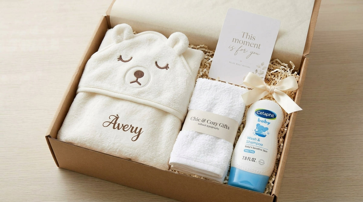 Personalized cream bear hooded baby towel with washcloth and baby wash in a kraft gift box