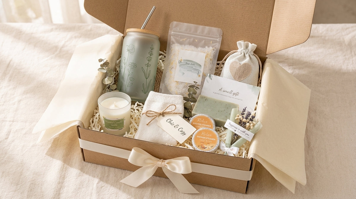 Eucalyptus-inspired spa gift box with sage tumbler, candle, bath soak, soap, towel, spa treats, and cream ribbon