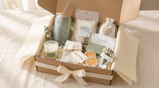 Eucalyptus-inspired spa gift box with sage tumbler, candle, bath soak, soap, towel, spa treats, and cream ribbon