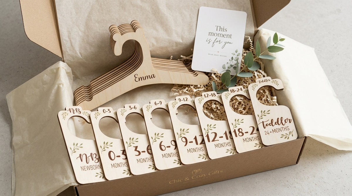 Personalized wooden baby hangers marked Emma with eight botanical clothes dividers from newborn to toddler in a kraft gift box.