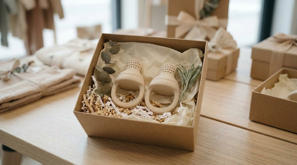 Set of two Mushie silicone fresh food feeders in Shifting Sand arranged in a gift box