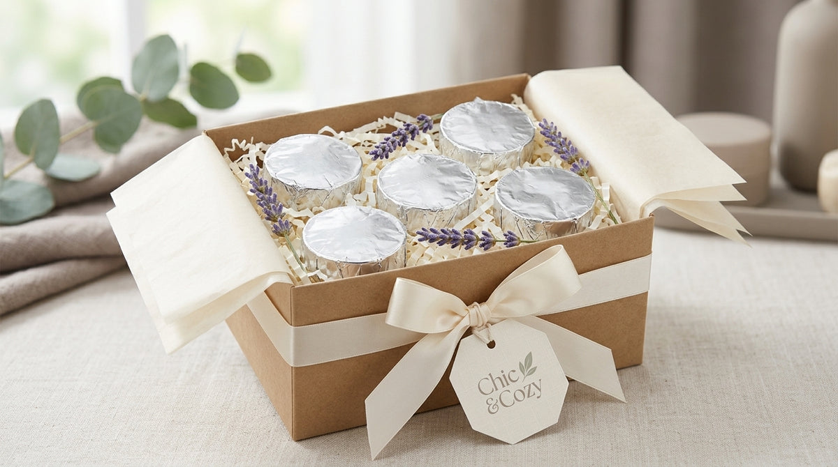 Five individually wrapped lavender shower steamers arranged in a Chic and Cozy gift box with cream ribbon