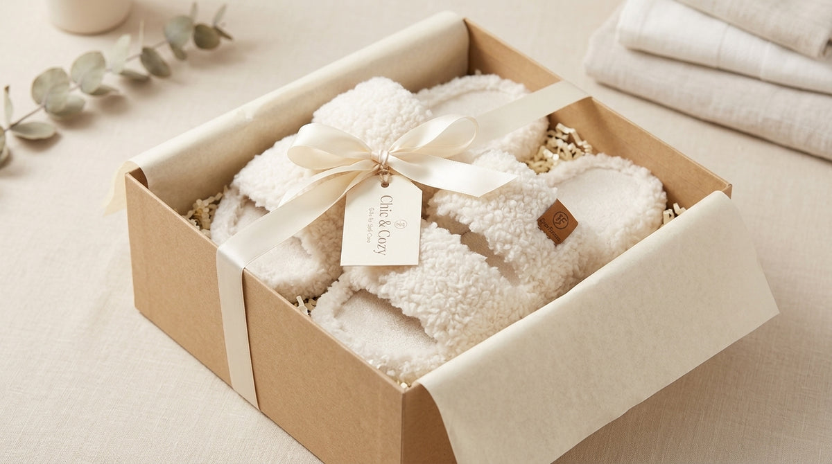 Cream fuzzy open-toe women’s slippers arranged in a Chic and Cozy gift box