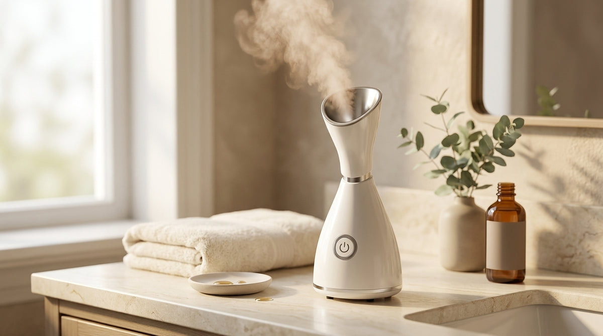 White facial steamer releasing a gentle mist beside towels in a spa-inspired bathroom