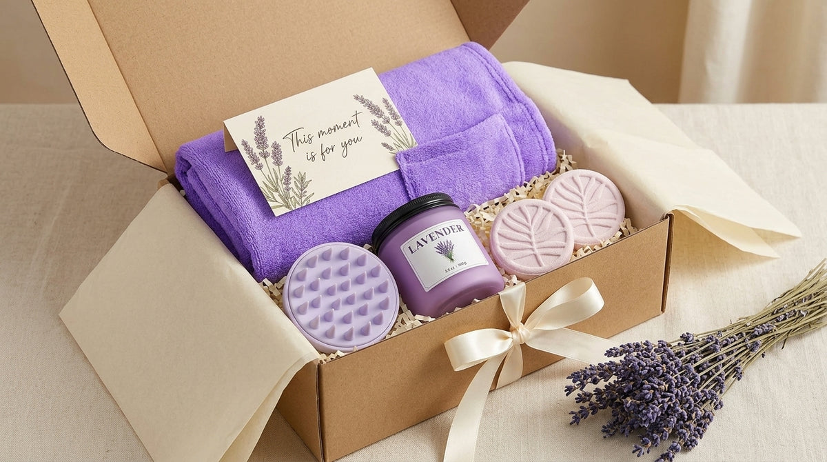 Open kraft gift box with purple towels, lavender-themed items, tissue and ribbon