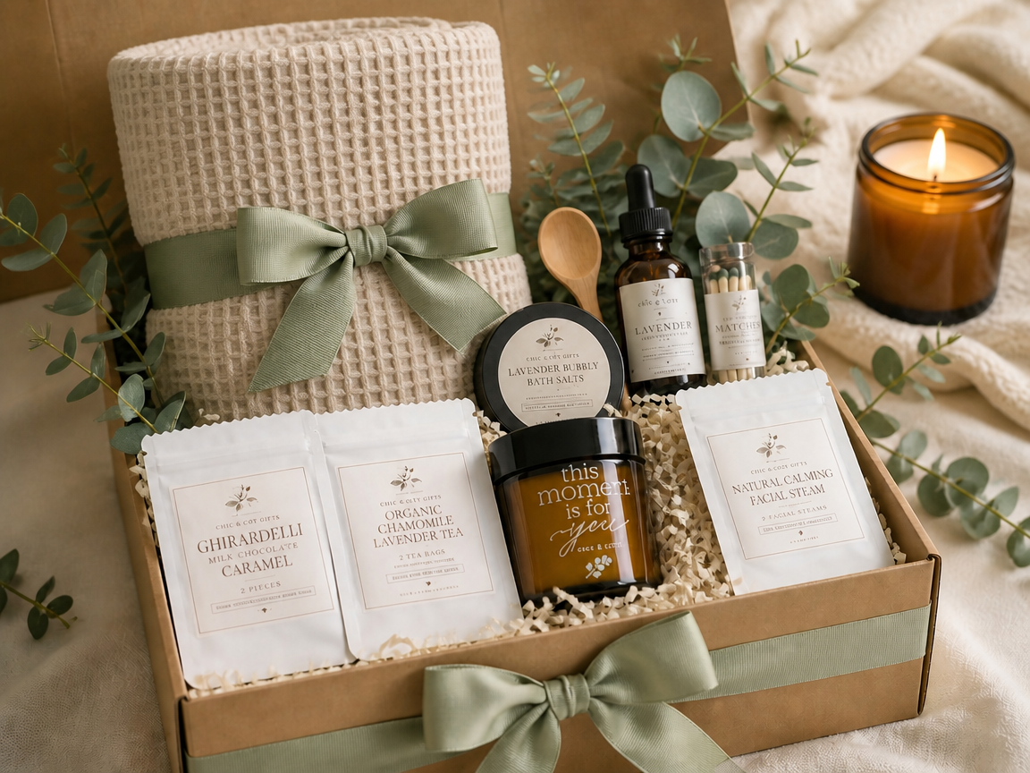 Cozy Night In Gift Box | Luxury Waffle Blanket & Spa Set | Self Care Gift Basket for Women
