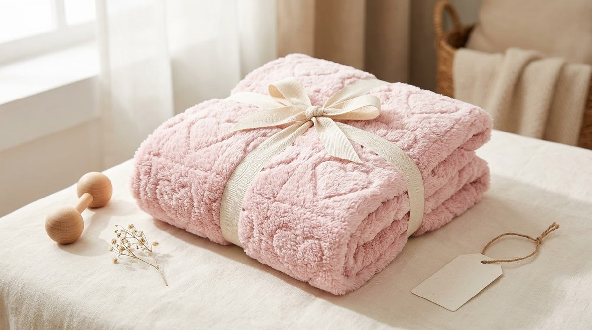 Light pink plush baby blanket with raised hearts, folded and tied with a cream ribbon.
