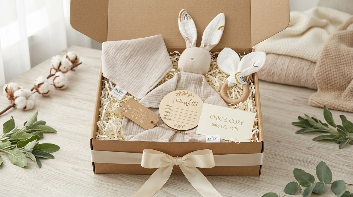 Organic baby welcome gift set arranged in a Chic and Cozy gift box with cream ribbon