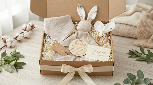 Organic baby welcome gift set arranged in a Chic and Cozy gift box with cream ribbon