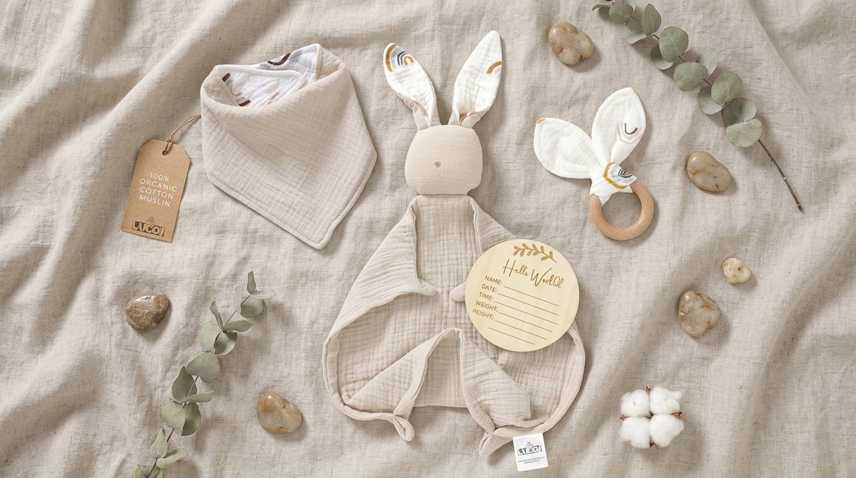 Organic cotton muslin baby welcome gift set with bunny comforter, bib, teething ring, and Hello World card