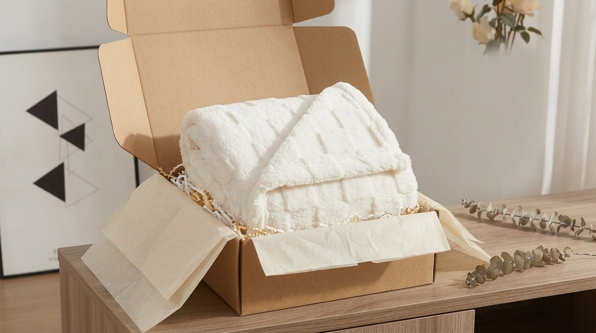 Folded cream white fleece throw blanket with raised checkered pattern displayed in a gift box