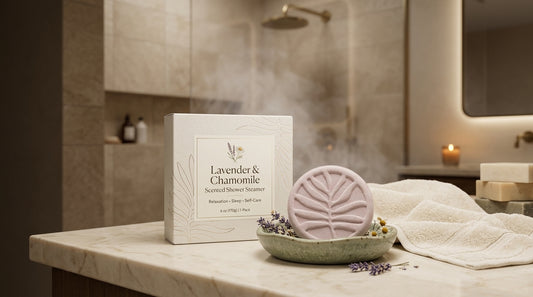 Lavender and Chamomile scented shower steamer in a spa bathroom setting