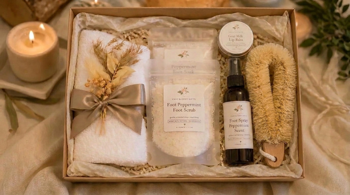 Foot spa gift kit in a kraft box with cream towel, peppermint foot scrub, peppermint foot spray, goat milk lip balm and handled bristle brush.