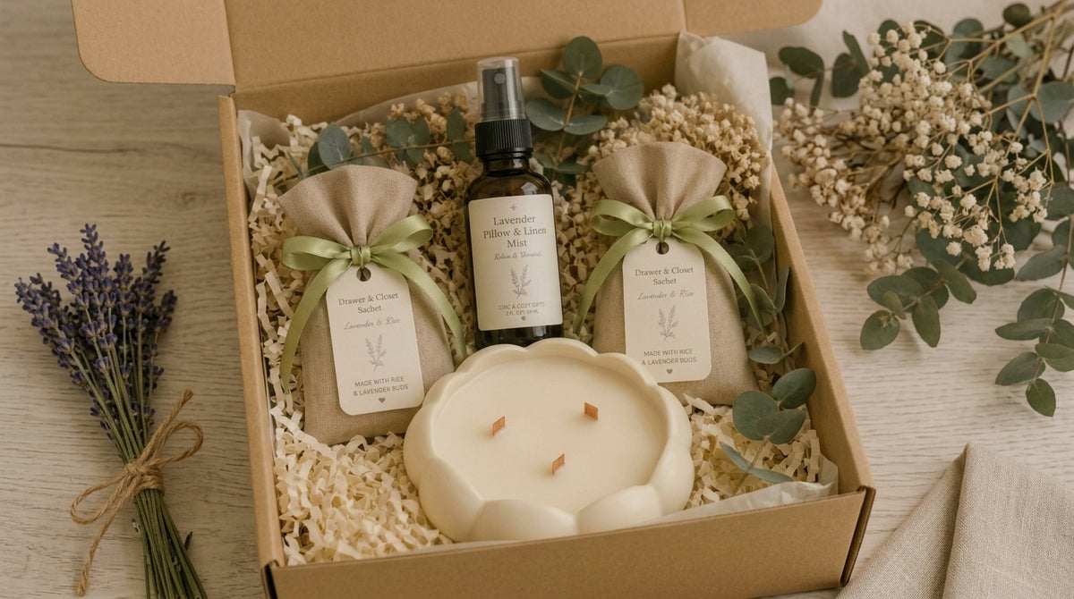 Housewarming gift box with cream three-wick scallop candle, two ribbon-tied drawer sachets and lavender pillow and linen mist.