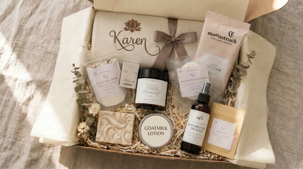 Cream towel personalized with Karen and a lotus design, displayed in a spa gift box with other items.