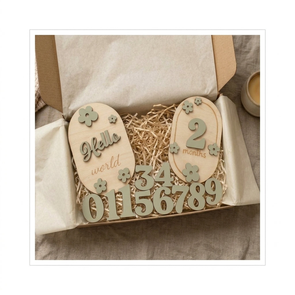 Flower-themed wooden Hello world and months plaques with sage interchangeable numbers in a kraft gift box.