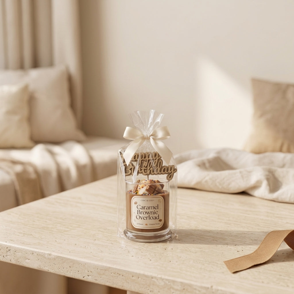 Caramel Brownie Overload candle in a glass vessel with wooden Happy Birthday topper, clear wrapping and cream ribbon.